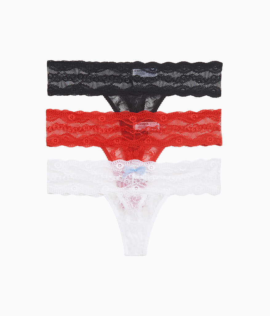 Lace Kiss Thong Panty Pack - White/Crimson Red/Night
